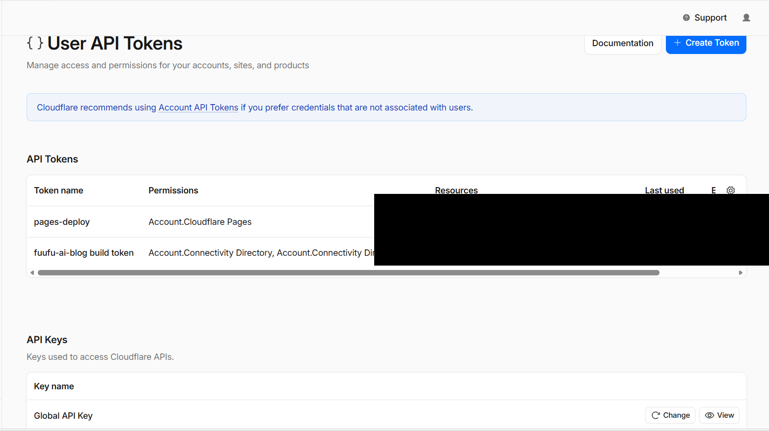 CloudflareのAPIトークン一覧画面