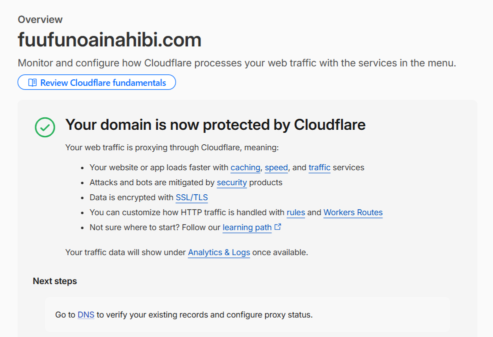 ドメインがCloudflareで保護された画面